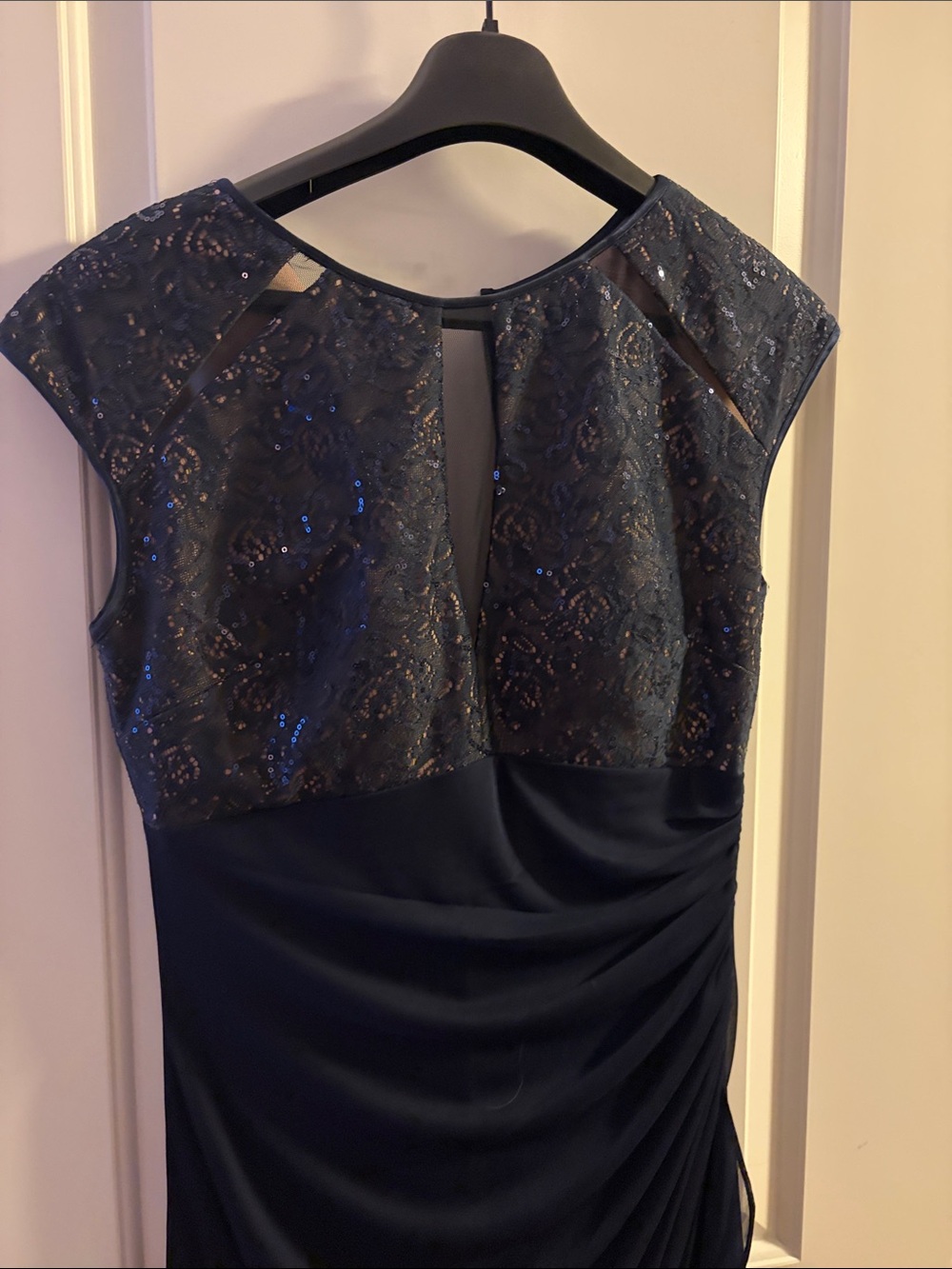 Elegant Navy Lace & Sequin Midi Dress